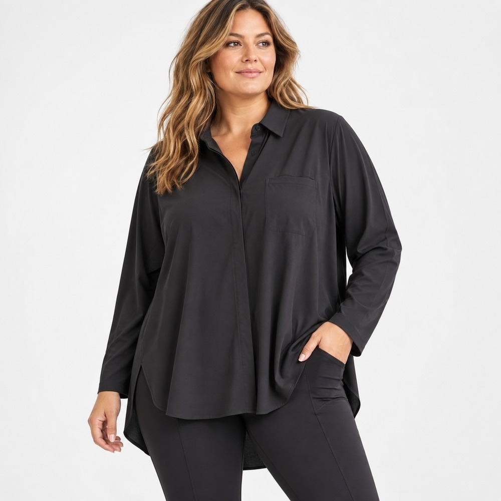 Athleta Performance Button Up Shirt Women 1X Black Stretch Travel Casual Capsule